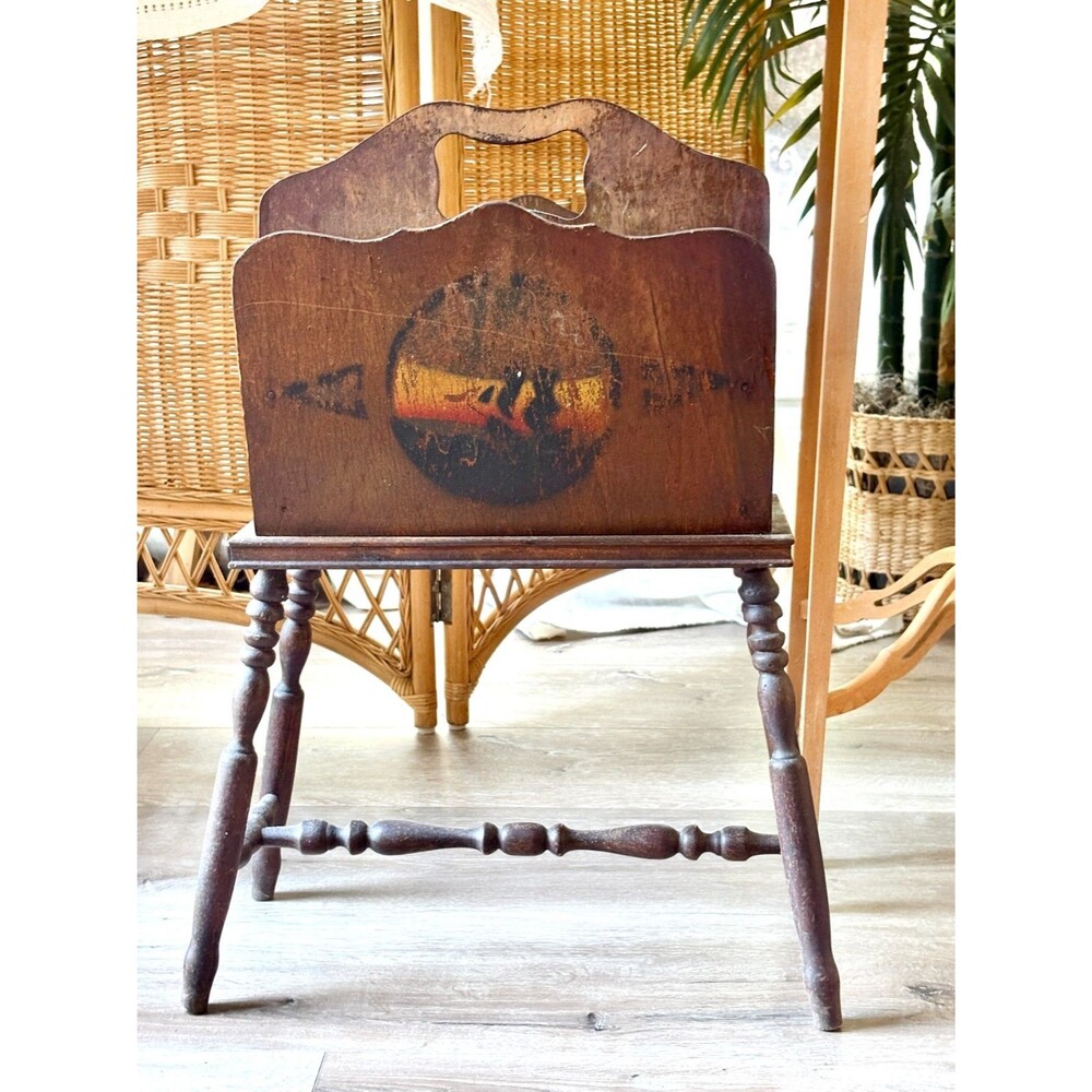 Vintage Wood Canterbury Magazine Rack Folk Art Painted Spindle Legs Rustic
